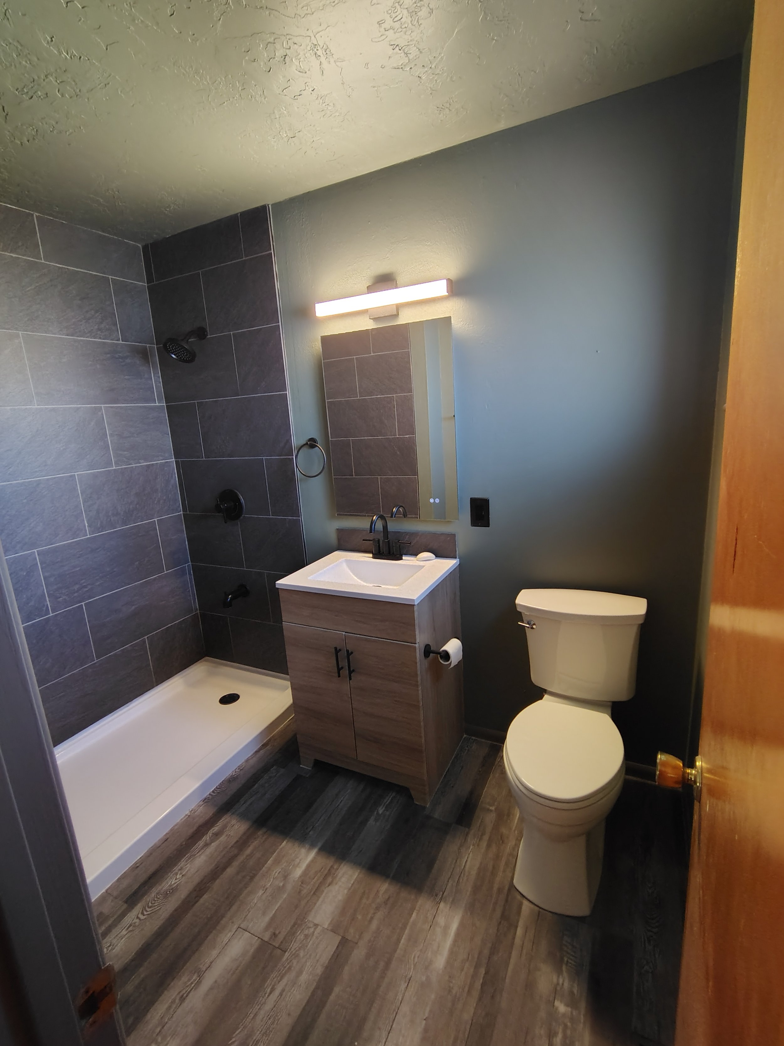 A small bathroom with a shower area on the left, a vanity with a mirror and light fixture in the middle, and a toilet on the right, with gray tiled walls and wood flooring.