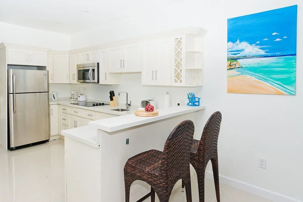 Modern kitchen with white cabinets, stainless steel refrigerator and microwave, light countertops, two woven chairs at a breakfast bar, and a colorful beach-themed painting on the wall.