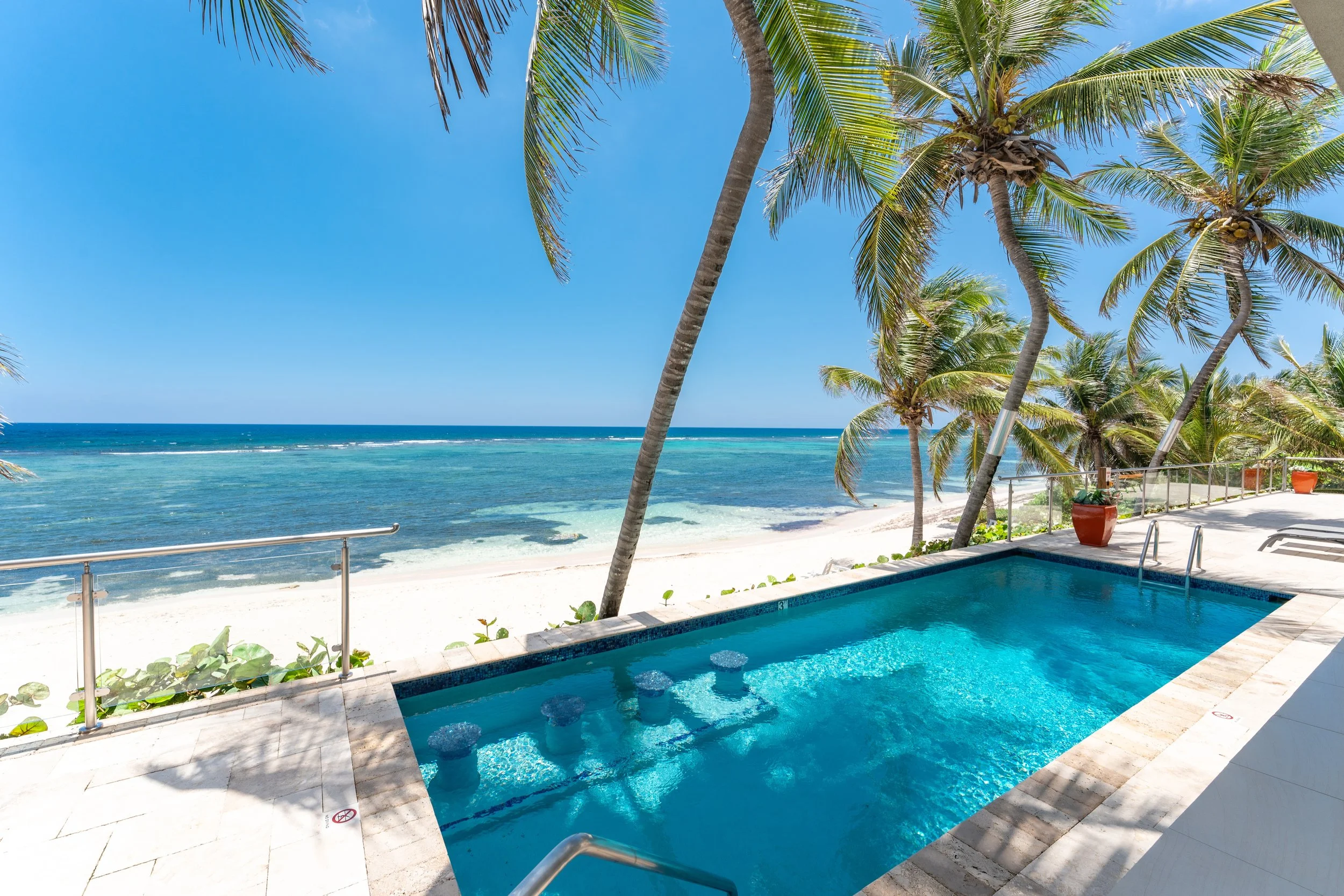View of a tropical beach with clear blue sky, palm trees, and an ocean in the background, near a swimming pool with a railing and potted plants.