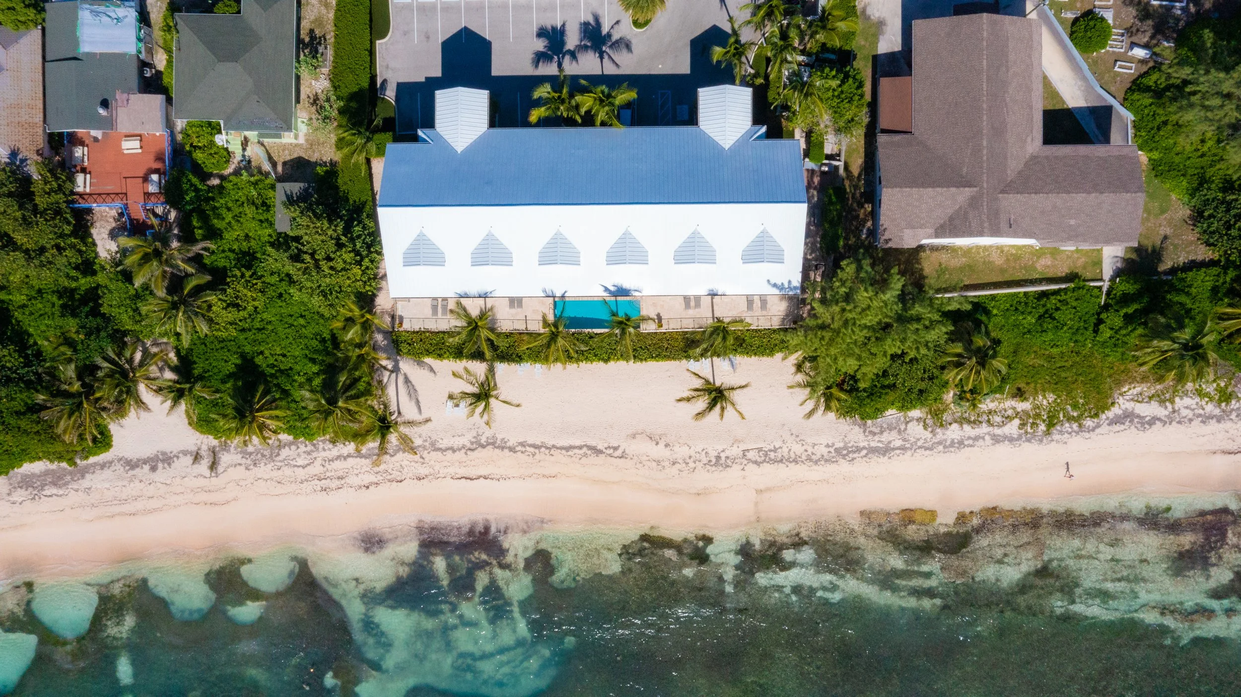 An aerial view of a building with a blue roof surrounded by palm trees, a parking lot, and neighboring houses. A beach runs along the bottom edge with clear water and sand.