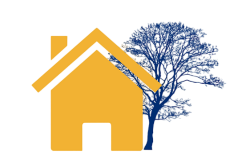 A yellow house with a blue tree to the right.