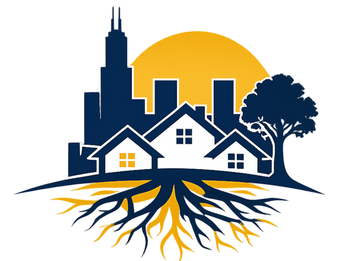 Silhouette of a Chicago skyline, three houses, a tree, and roots beneath, with a large yellow sun in the background.