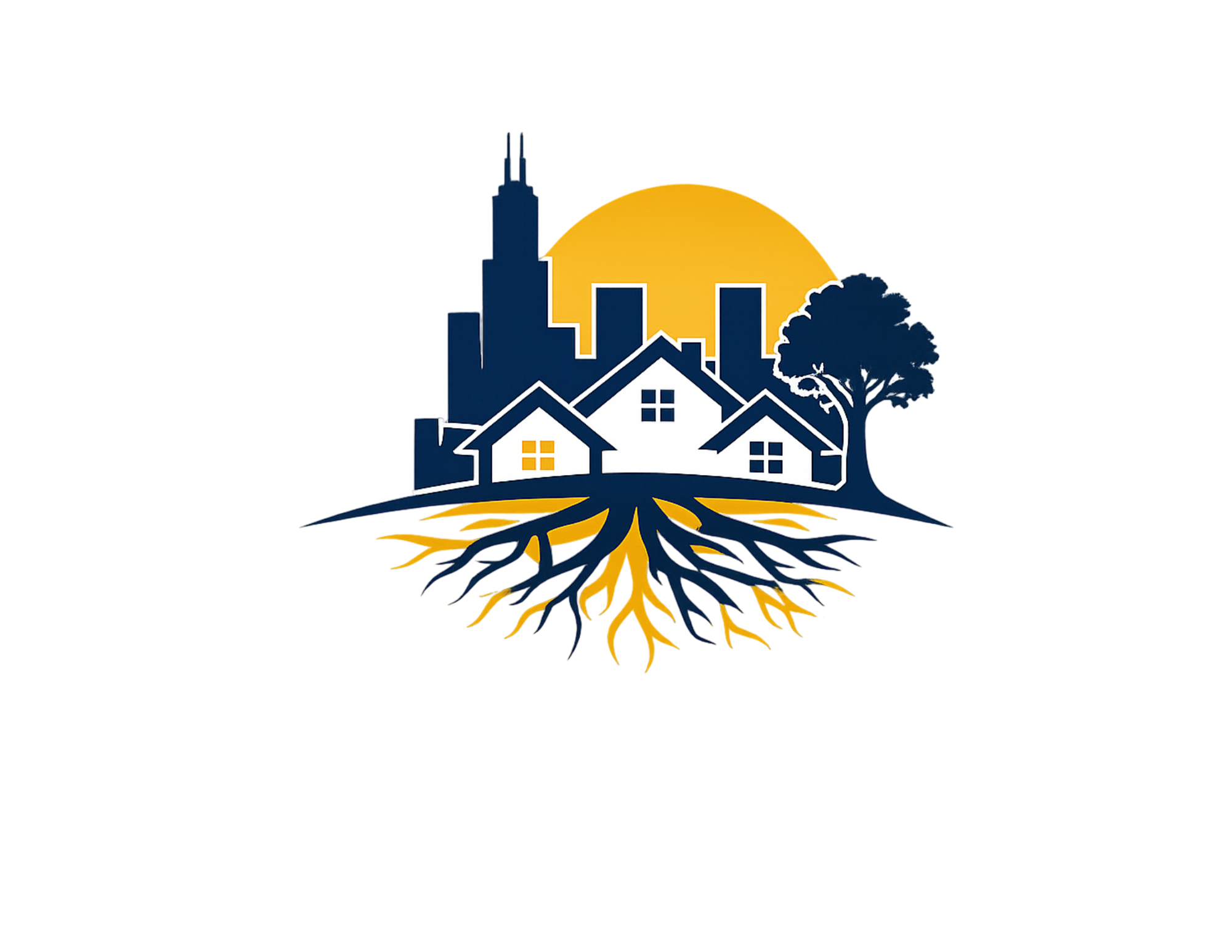 A graphic illustration showing houses, trees, and a Chicago skyline with a large yellow sun in the background. The buildings are blue and white, and there are yellow and blue roots extending from the houses into the ground beneath.