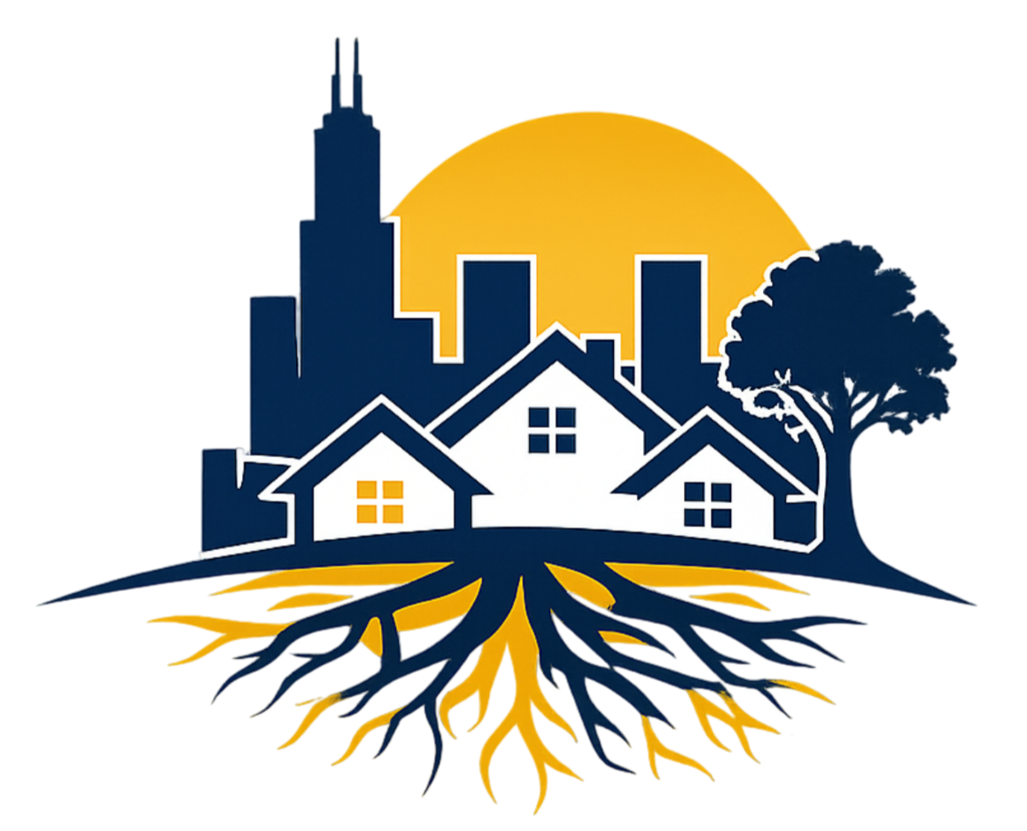 Silhouette of houses, a tree, and a city skyline with a large orange sun behind them, with roots extending downward in a stylized design.