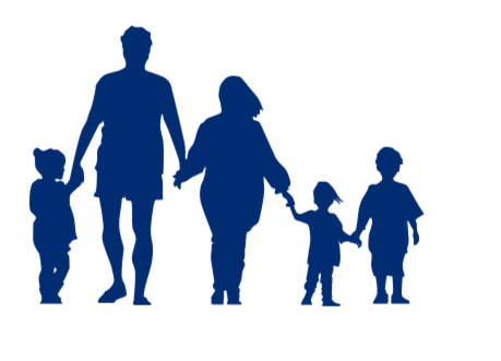 Silhouette of a family holding hands, including two adults and three children.