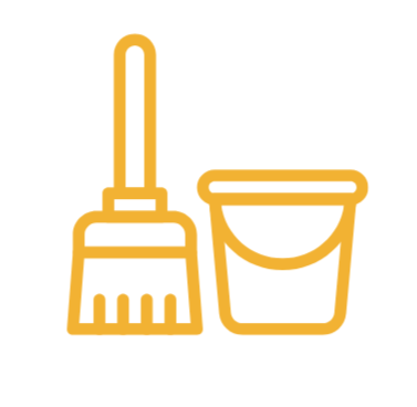 Line drawing of a broom and a bucket.