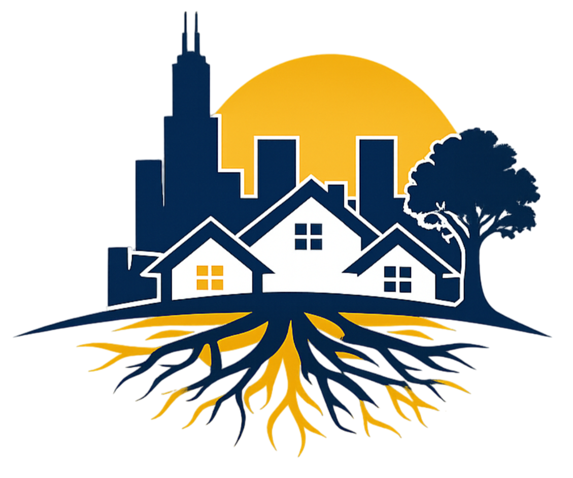 A Chicago skyline, houses, a tree, and roots with a sun in the background, symbolizing community growth.