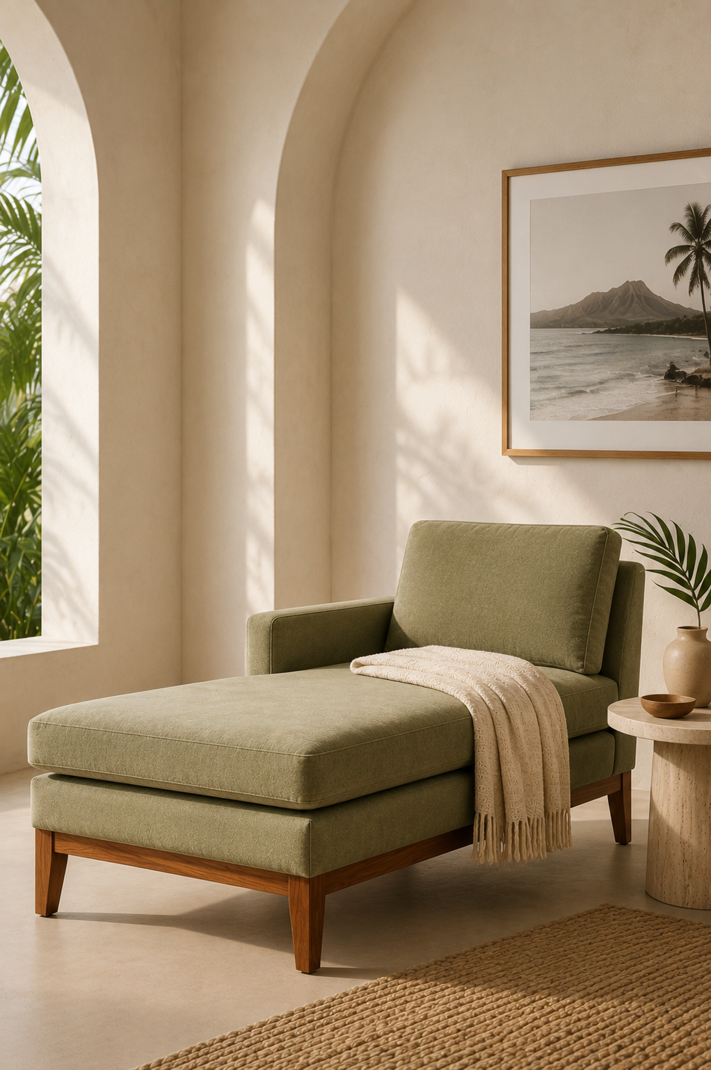A green upholstered chaise lounge with wooden legs, a beige throw blanket draped over it, a side table with a large potted palm leaf, a ceramic bowl, and a framed beach photo on the wall, in a sunlit room with arched windows and neutral walls.
