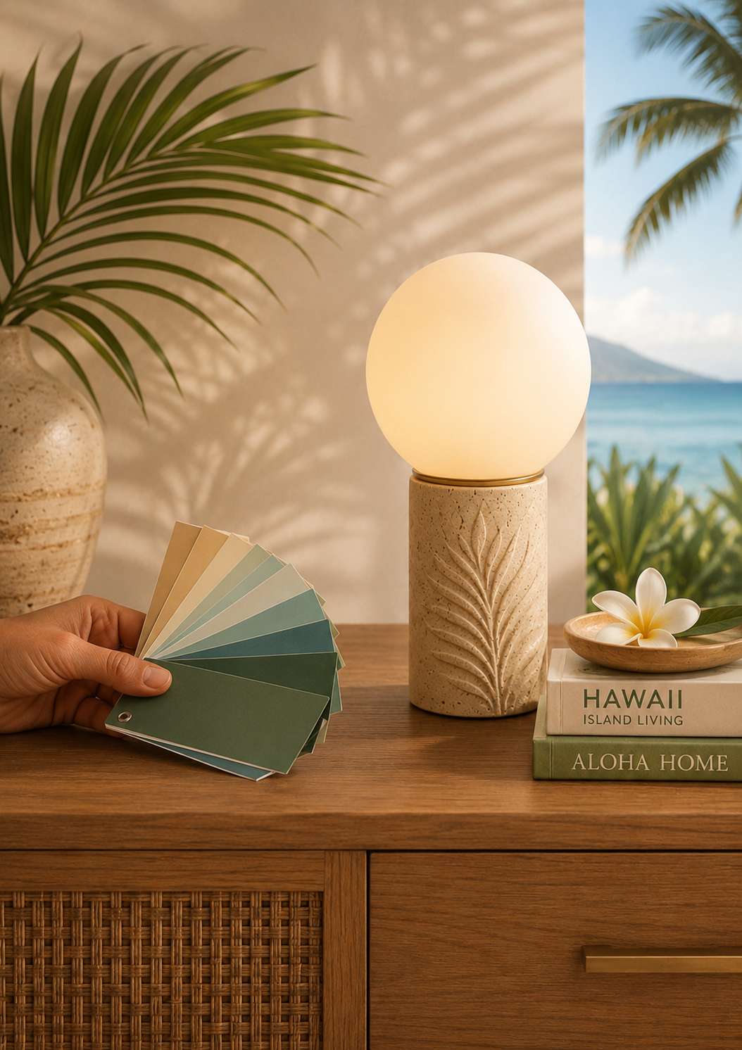 A wooden surface with a color palette fan, a ceramic lamp with a palm leaf design, a large ceramic vase with palm fronds, a small wooden dish with a flower, and books with Hawaii-themed titles. In the background, a window shows a view of the ocean, trees, and a mountain.