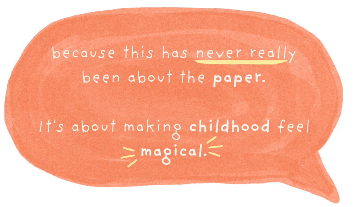Speech bubble with the quote: 'because this has never really been about the paper. It's about making childhood feel magical.'