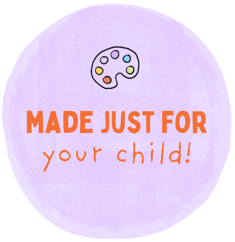Colorful circular sticker with paint palette icon and the text 'Made just for your child!' in bold orange and playful handwriting.