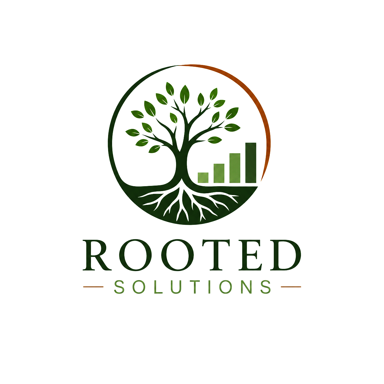 Logo with a tree and rising bar graph inside an oval, with the words "Rooted Solutions" below.
