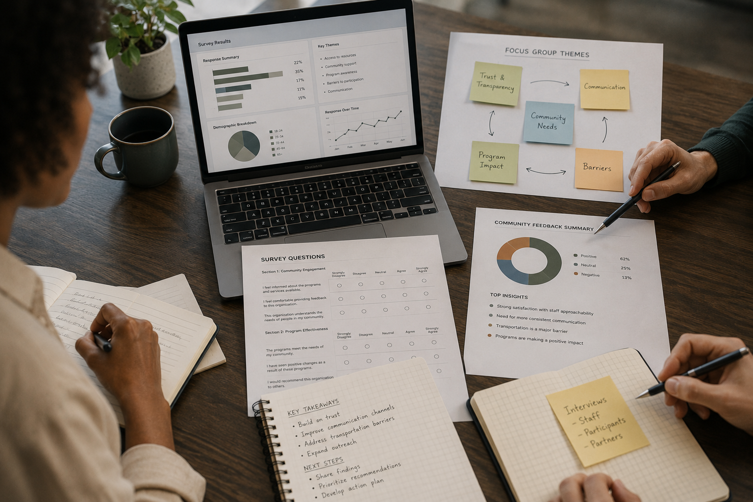 A person at a desk reviewing survey results on a laptop, with notes and charts on papers, including a pie chart on community feedback, sticky notes with keywords, a pen, a notebook with handwritten notes, a cup of coffee, and a potted plant on the desk.