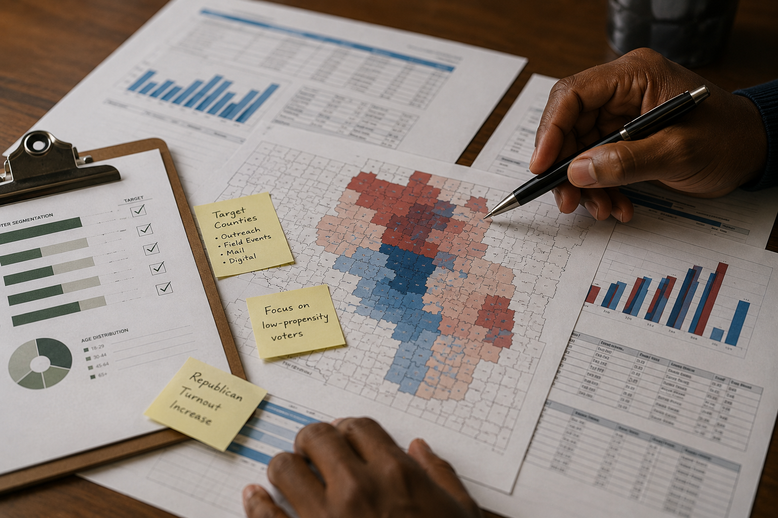 A person analyzing a political map of a county, with various charts and notes on a wooden table. The map uses color coding, and there are sticky notes with target and focus points. Charts include bar graphs and pie charts with data.
