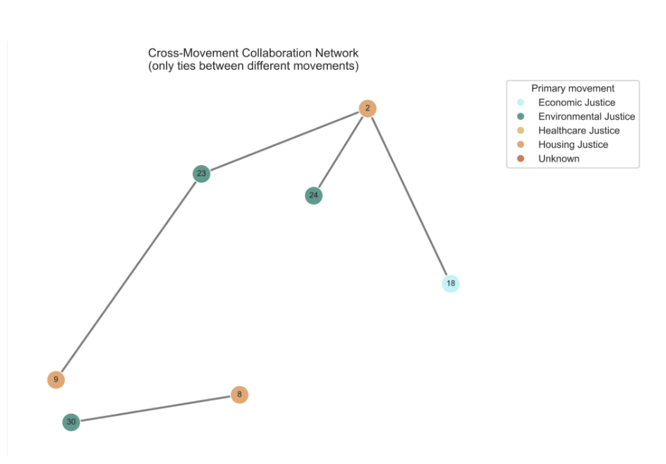 Network diagram titled 'Cross-Movement Collaboration Network'. Nodes representing different movements are linked with lines indicating ties between them. The movements include Economic Justice, Environmental Justice, Healthcare Justice, Housing Justice, and Unknown, indicated by colored circles. Numbers inside each circle identify the nodes.