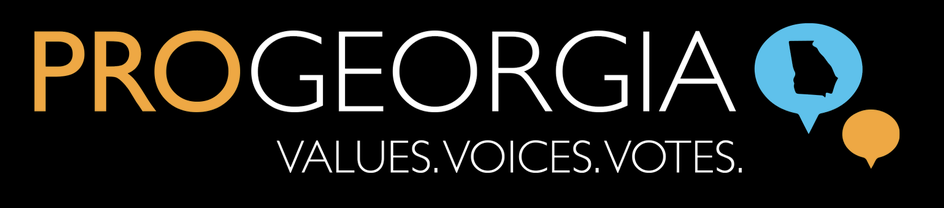 Pro Georgia campaign sign with the text "PRO GEORGIA" and the slogan "VALUES. VOICES. VOTES." on a black background, featuring a blue outline of the state of Georgia and orange speech bubbles.