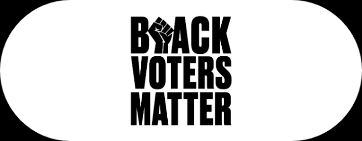 Black text on white background that says "Black Voters Matter" with a raised fist icon in the letter "A" of "Black".