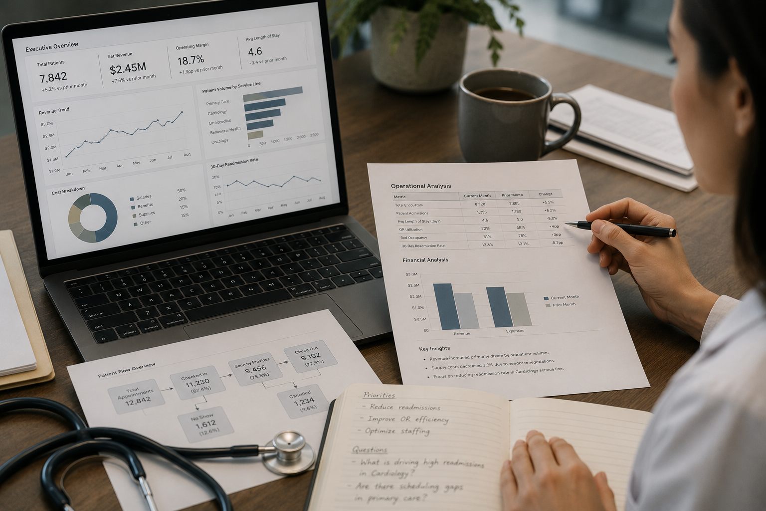 A person reviewing healthcare operational and financial reports on paper and a laptop, with a stethoscope on the desk, a cup of coffee, and a planner nearby.