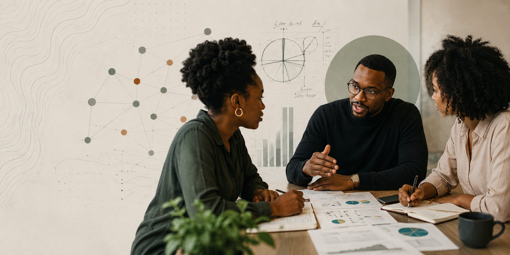 Three people having a discussion in a meeting room with charts and graphs on the wall.