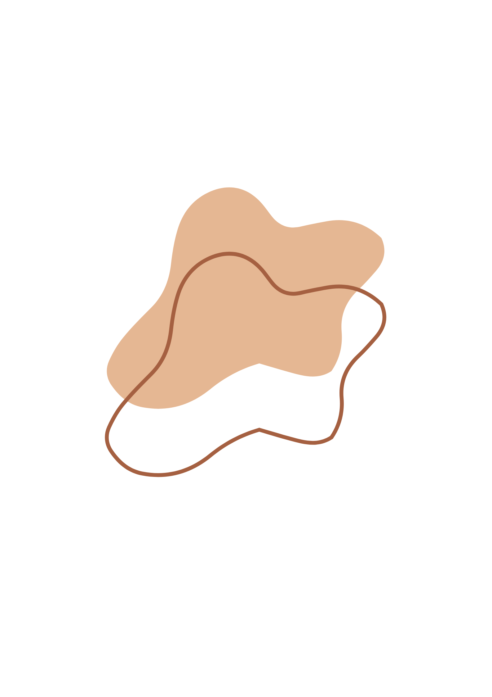 A beige abstract shape with a brown outline, connected by a thin brown line, set against a black background.
