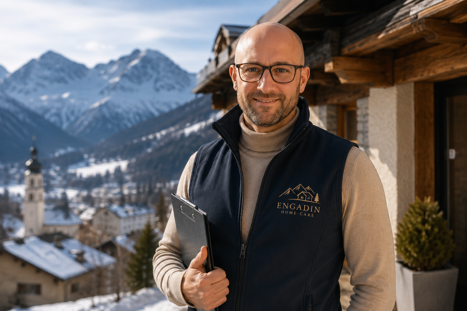 A man with glasses, a beard, and a bald head, standing outside on a snowy mountain town property, wearing a dark vest with 'Engadin Home Care' logo, holding a clipboard, smiling at the camera with snow-covered mountains in the background.