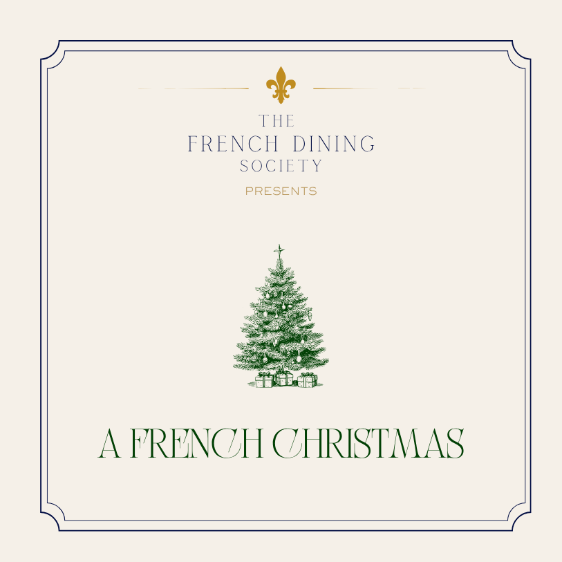 Event poster titled "A French Christmas" presented by The French Dining Society, featuring a decorated Christmas tree with presents underneath.