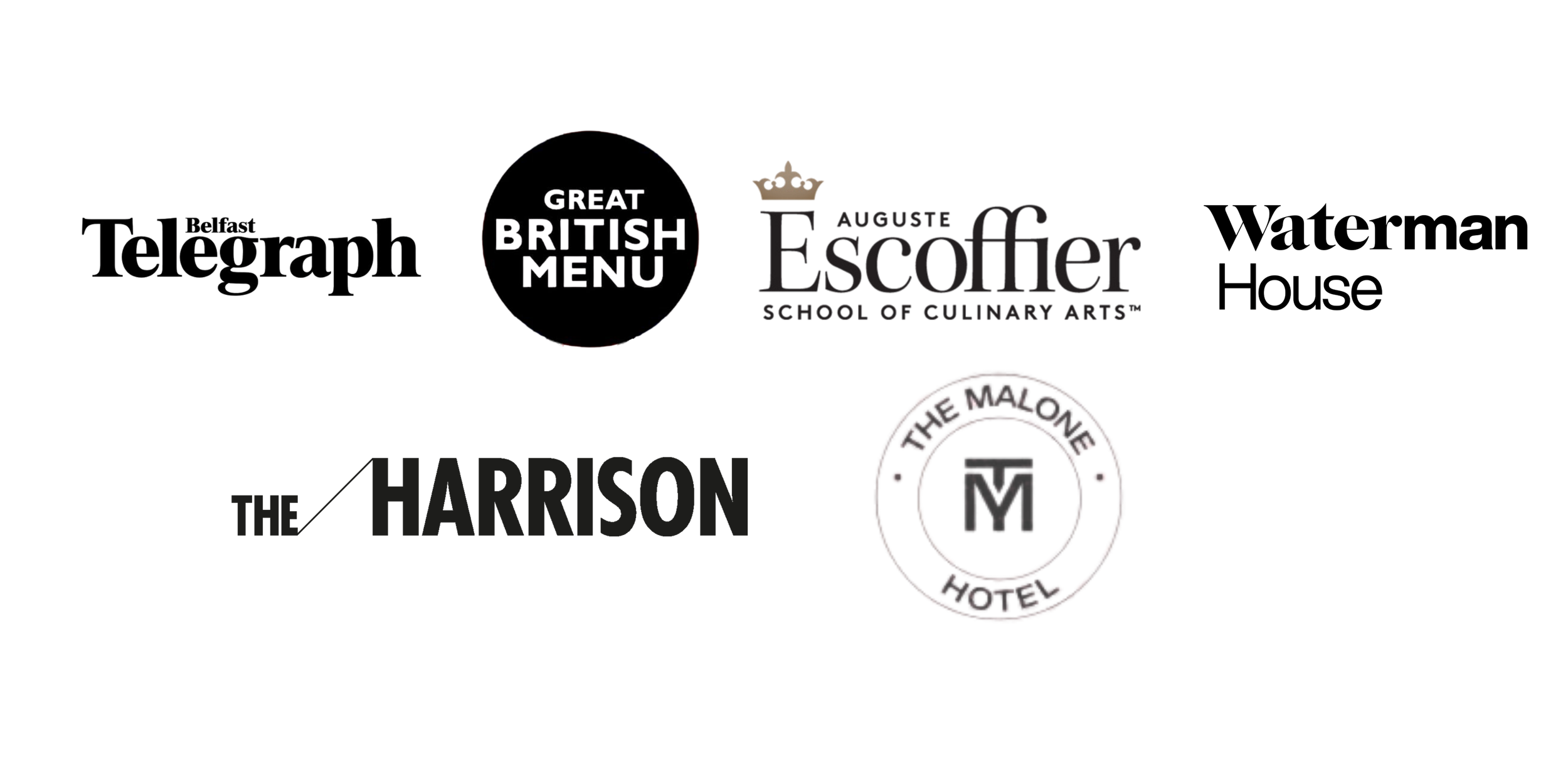 Logo featuring the words 'Great British Menu', 'Escoffier School of Culinary Arts', and 'The Harrison'. Includes a small crown, a circular badge, and a stylized medal with the letter 'M'.