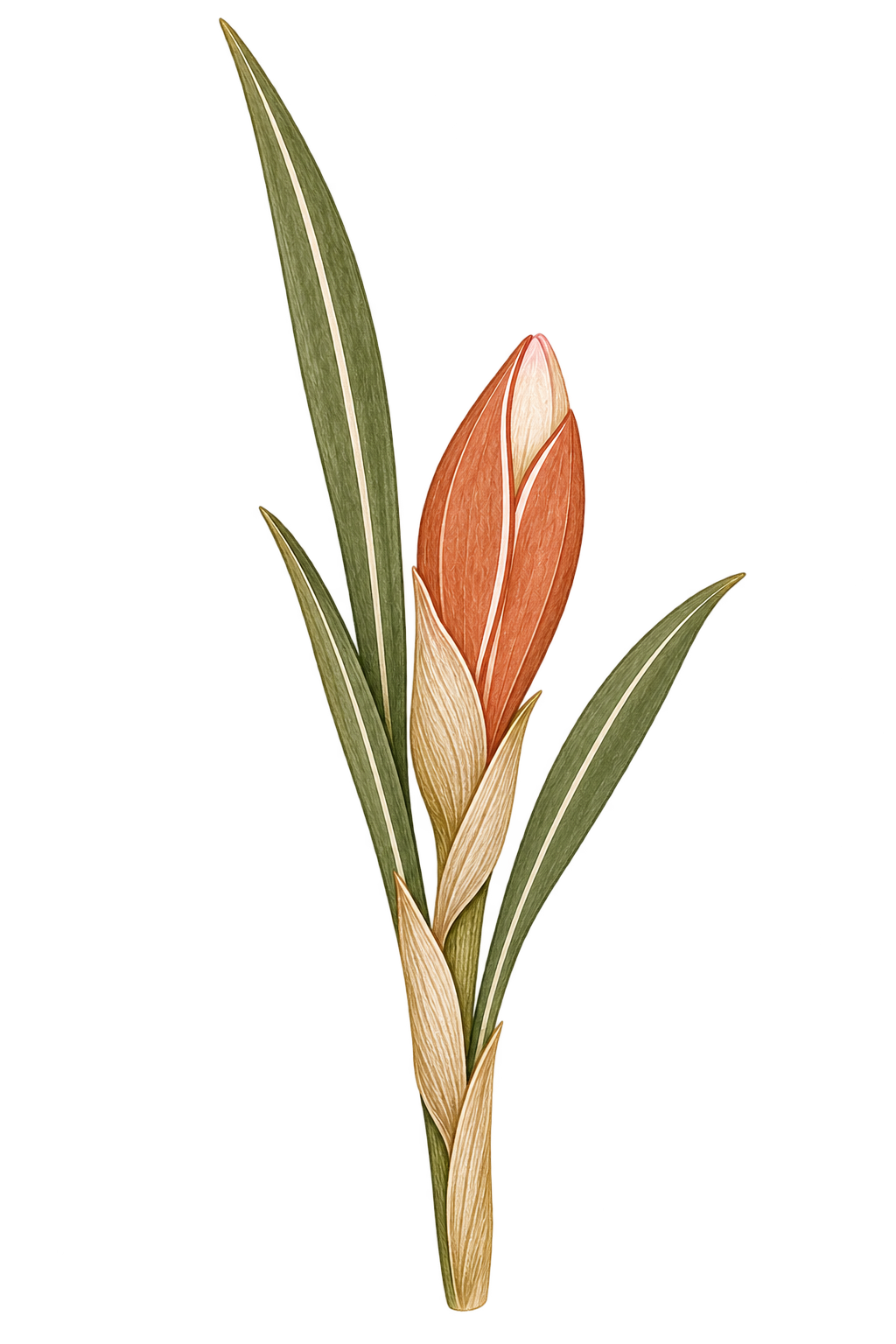 Illustration of a flowering crocus with green leaves and a single, elongated orange flower bud.
