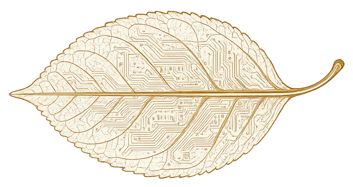 A gold-colored leaf with a digital circuit pattern embedded in it.