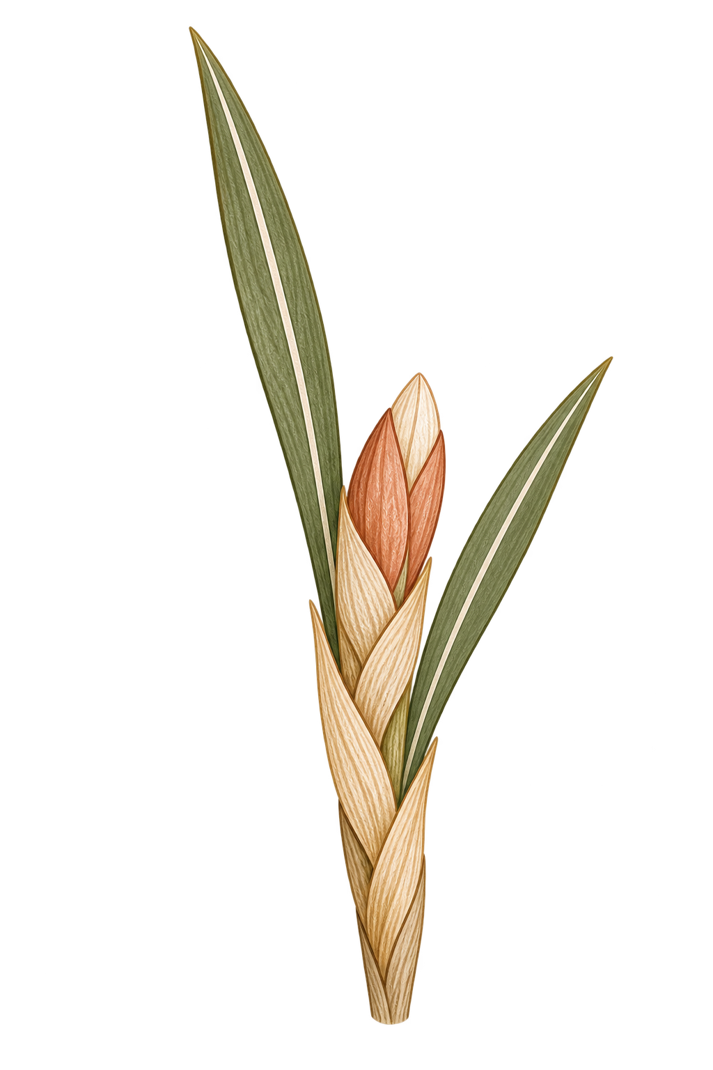 Illustration of a flowering crocus, showing green leaves and a flower bud with orange and cream-colored petals.