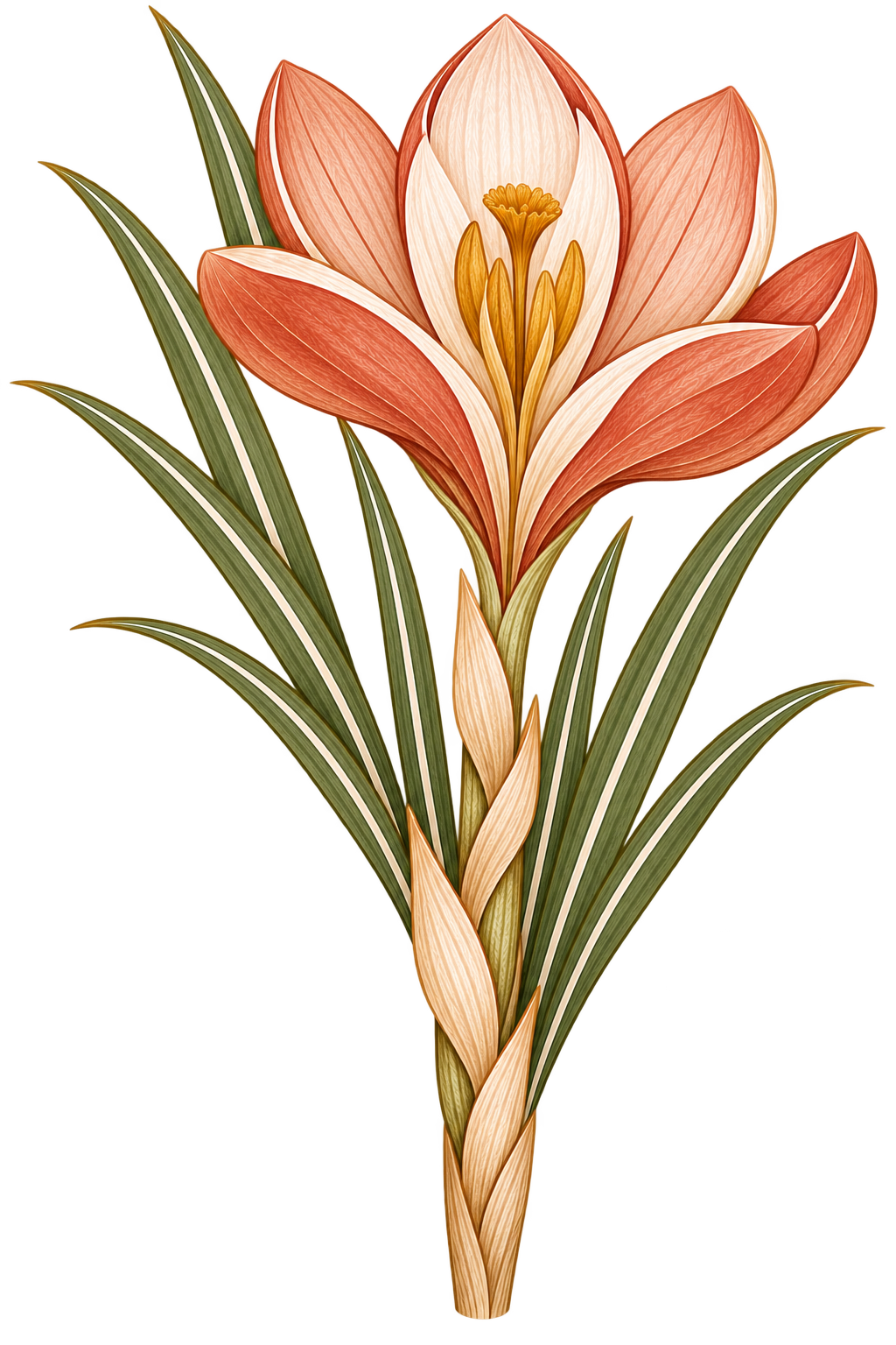 Illustration of a blooming crocus flower with pink and white petals and green leaves.