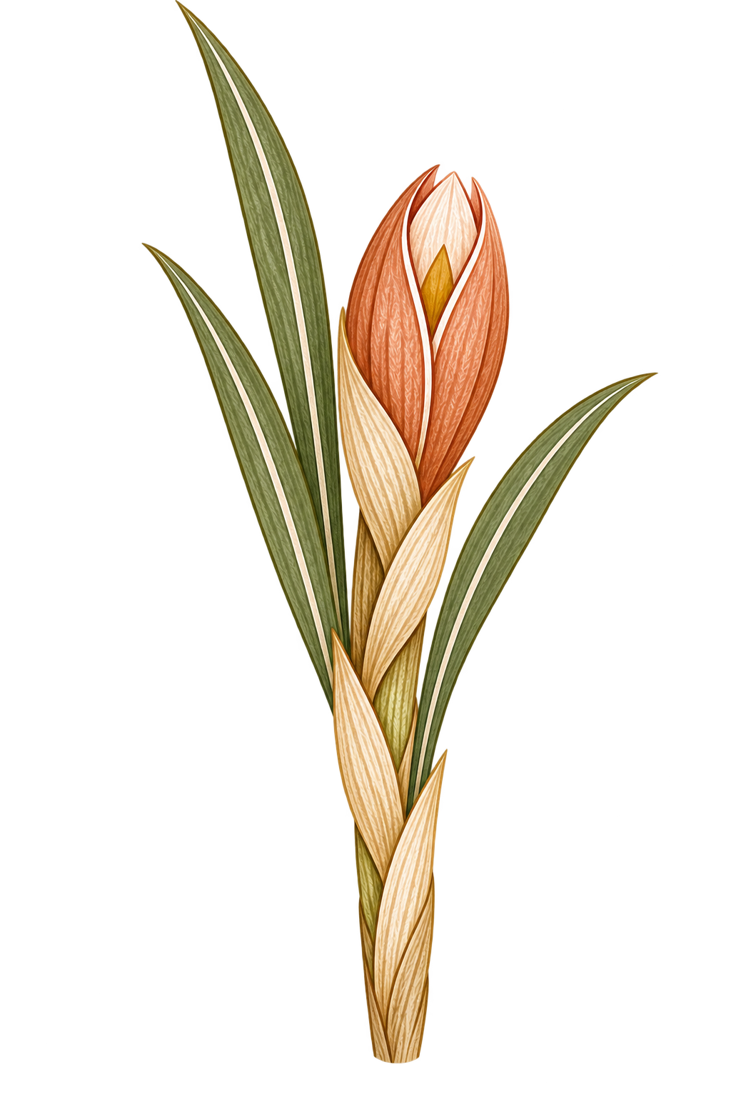 Digital illustration of a crocus with a large, closed, orange flower and long green leaves with white accents.