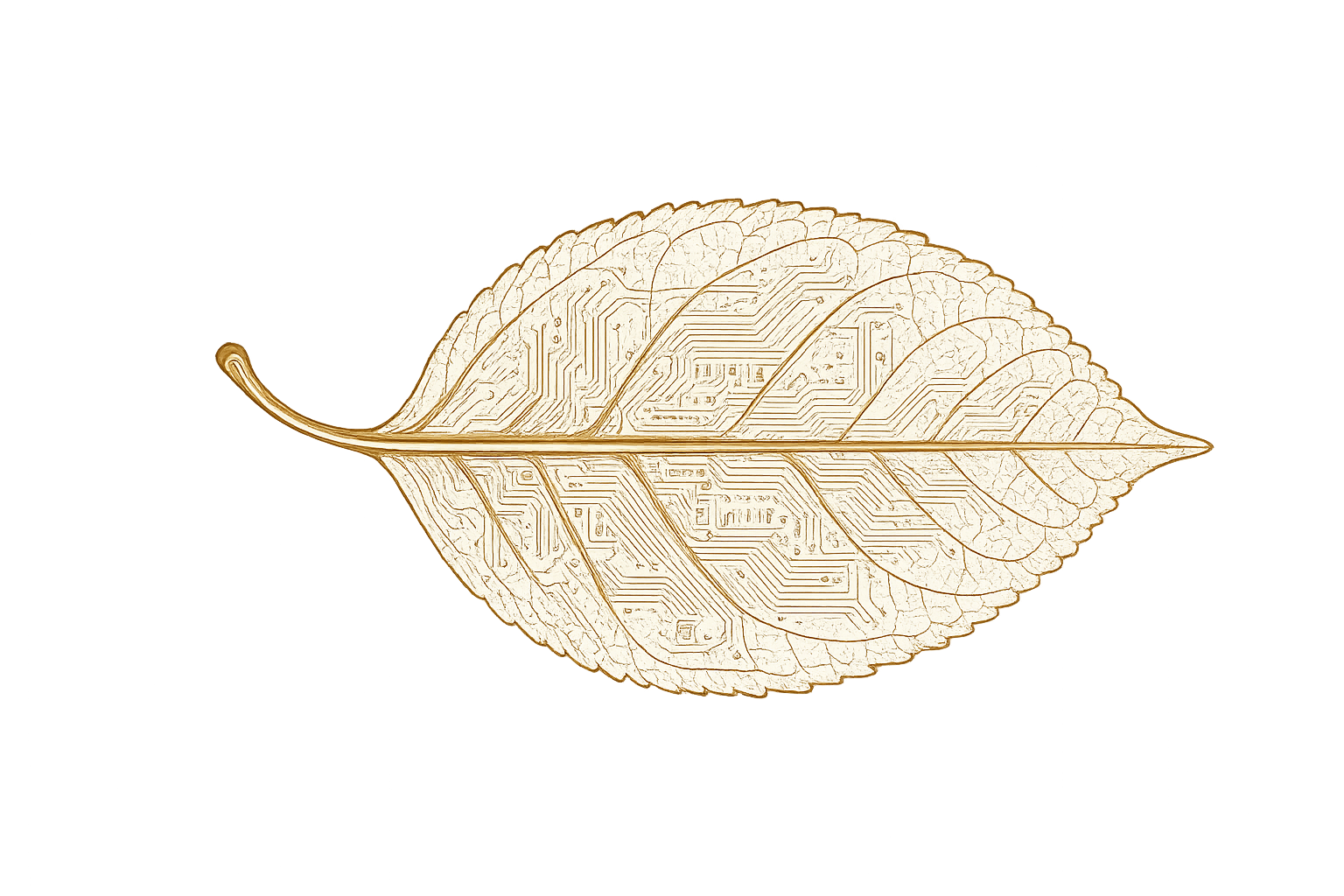 A golden leaf with digital circuit patterns inside, blending natural and technological elements.