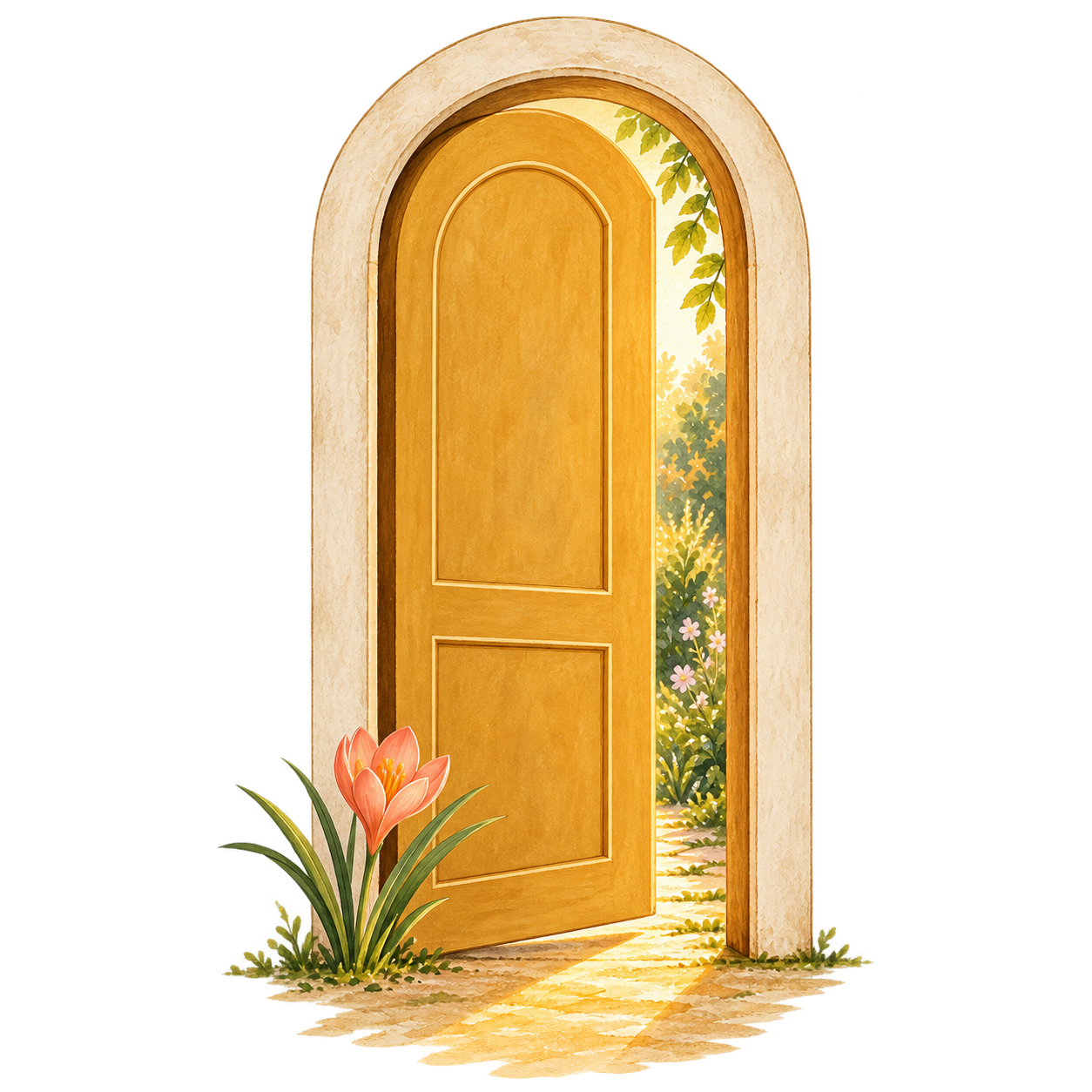 A wooden arched door slightly open, revealing a garden with green foliage, pink and purple flowers, and sunlight, with a pink flower and green leaves in the foreground.