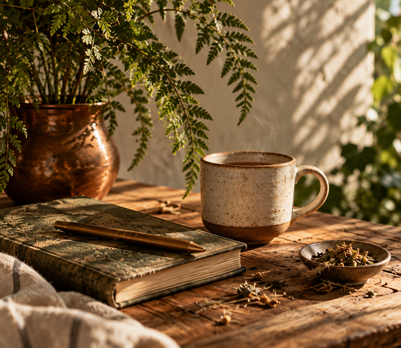 A rustic wooden table with a patterned closed book, a pen, a steaming coffee mug, a small bowl of dried herbs, and a plant with green fern leaves in a copper-colored vase, illuminated by warm natural sunlight.