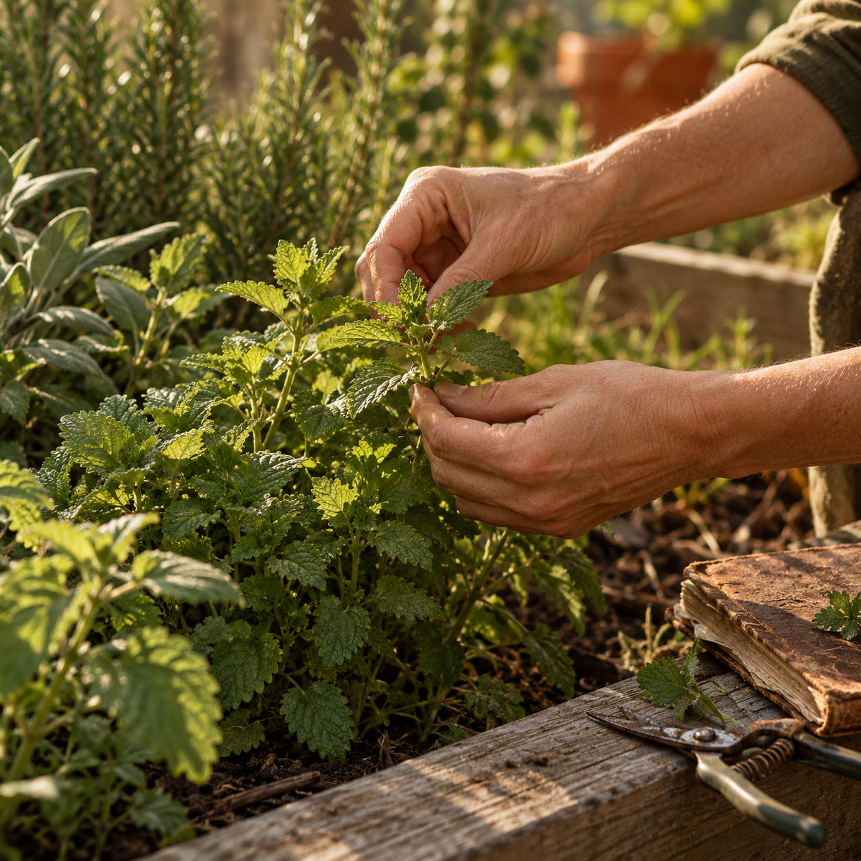 A person tending to mint plants in a garden bed, with gardening shears and a rustic book nearby.