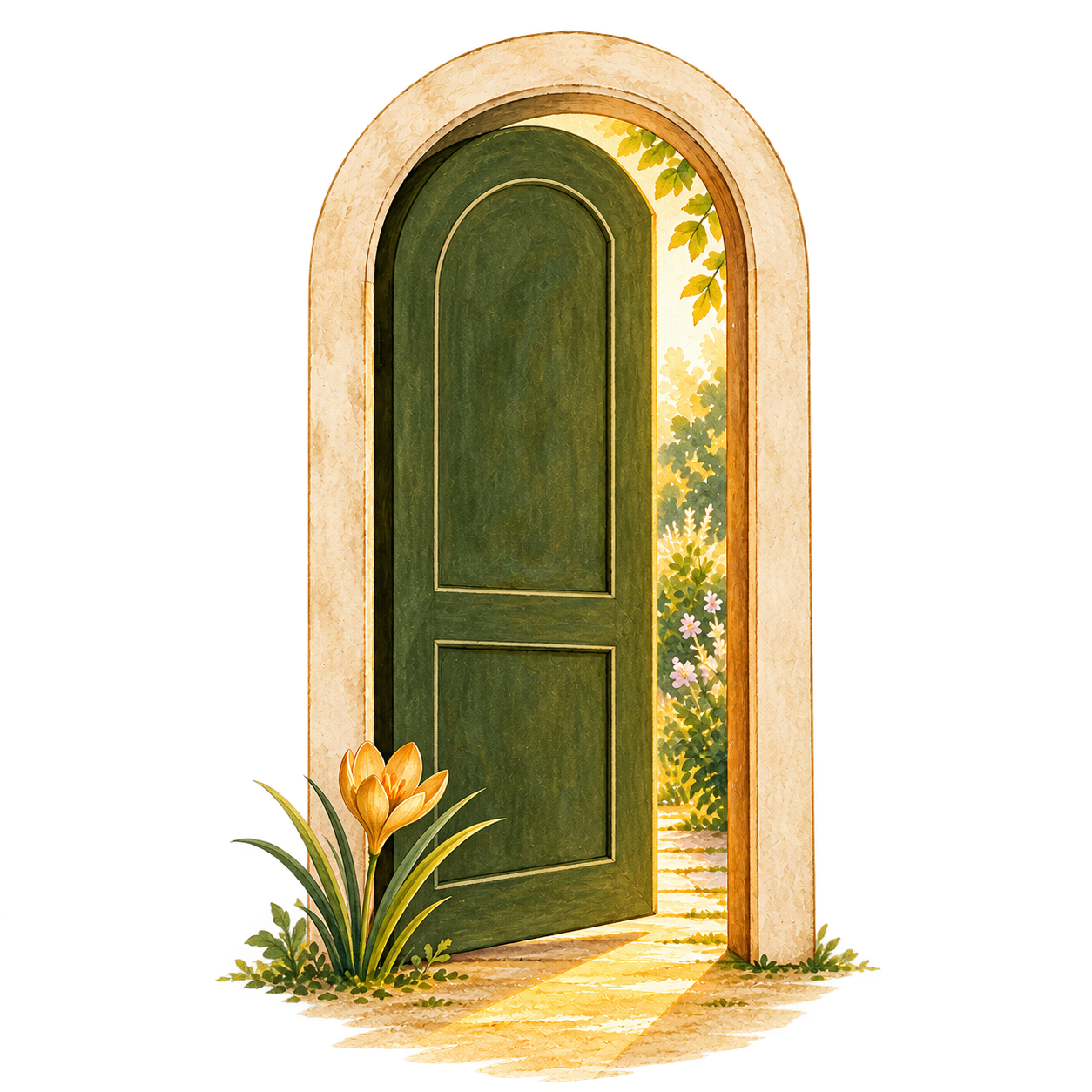 An open green door with a garden scene in the background, surrounded by a textured beige wall, with a yellow flower and leaves at the base and sunlight casting a shadow on the ground.
