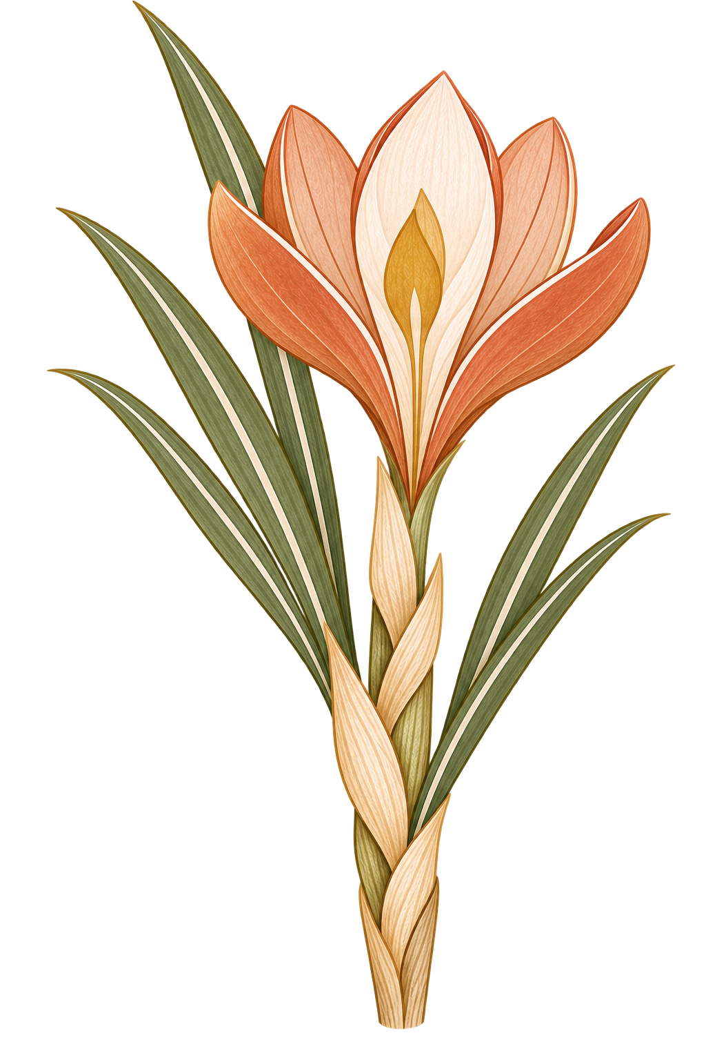 A stylized illustration of a crocus flower with orange and cream-colored petals, green leaves with white accents, and a brown background.