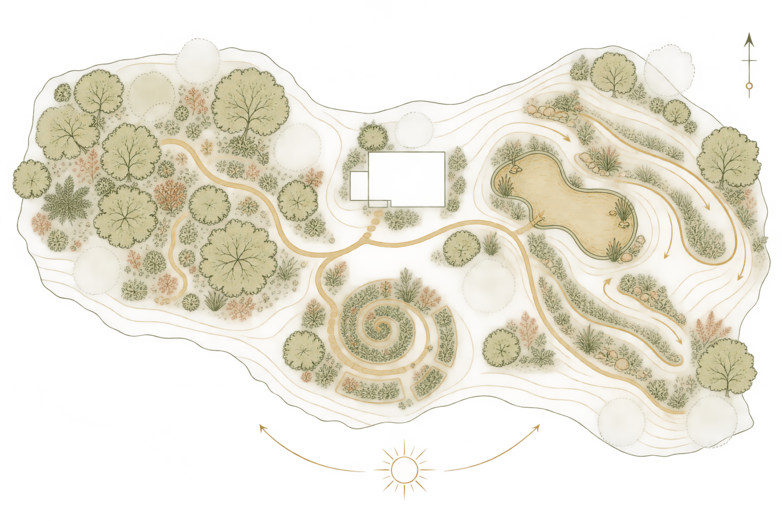 A detailed landscape design plan featuring numerous trees, shrubs, a pond, walking paths, and garden beds, with a house at the center and various pathways connecting the different areas.