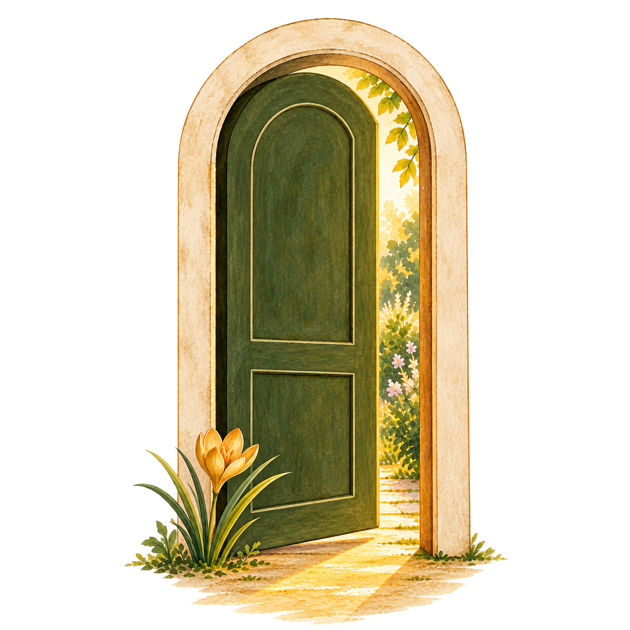 A partially open green wooden door in an arched doorway, with a view of a sunlit garden with green plants and flowering bushes, and a stone path, with a flower in the foreground.