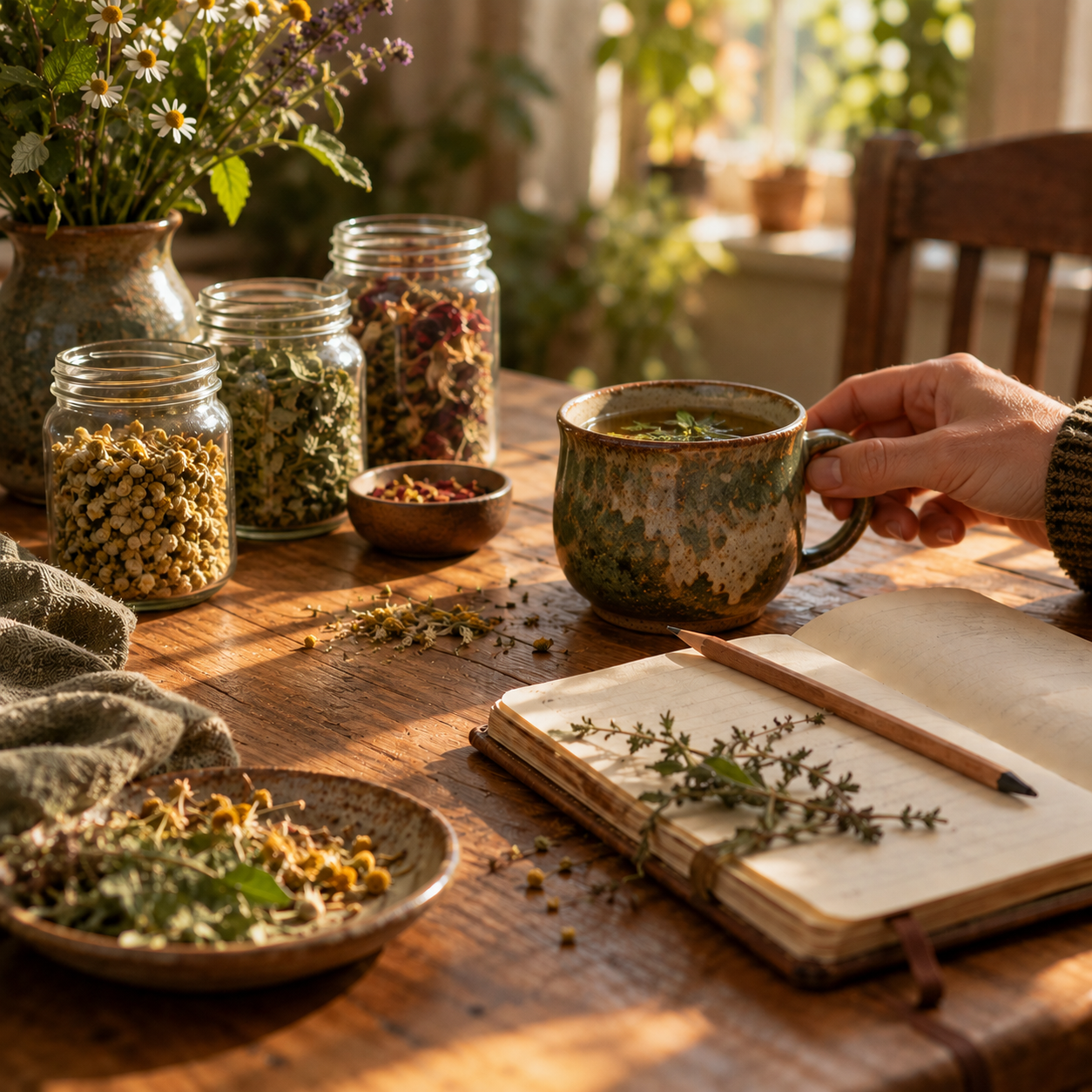 A rustic wooden table holding a ceramic mug of herbal tea, an open notebook with a sprig of thyme and a pencil, and various jars filled with dried herbs and flowers. A person's hand is holding the mug. There are flowers and a vase in the background, suggesting a cozy, natural setting.