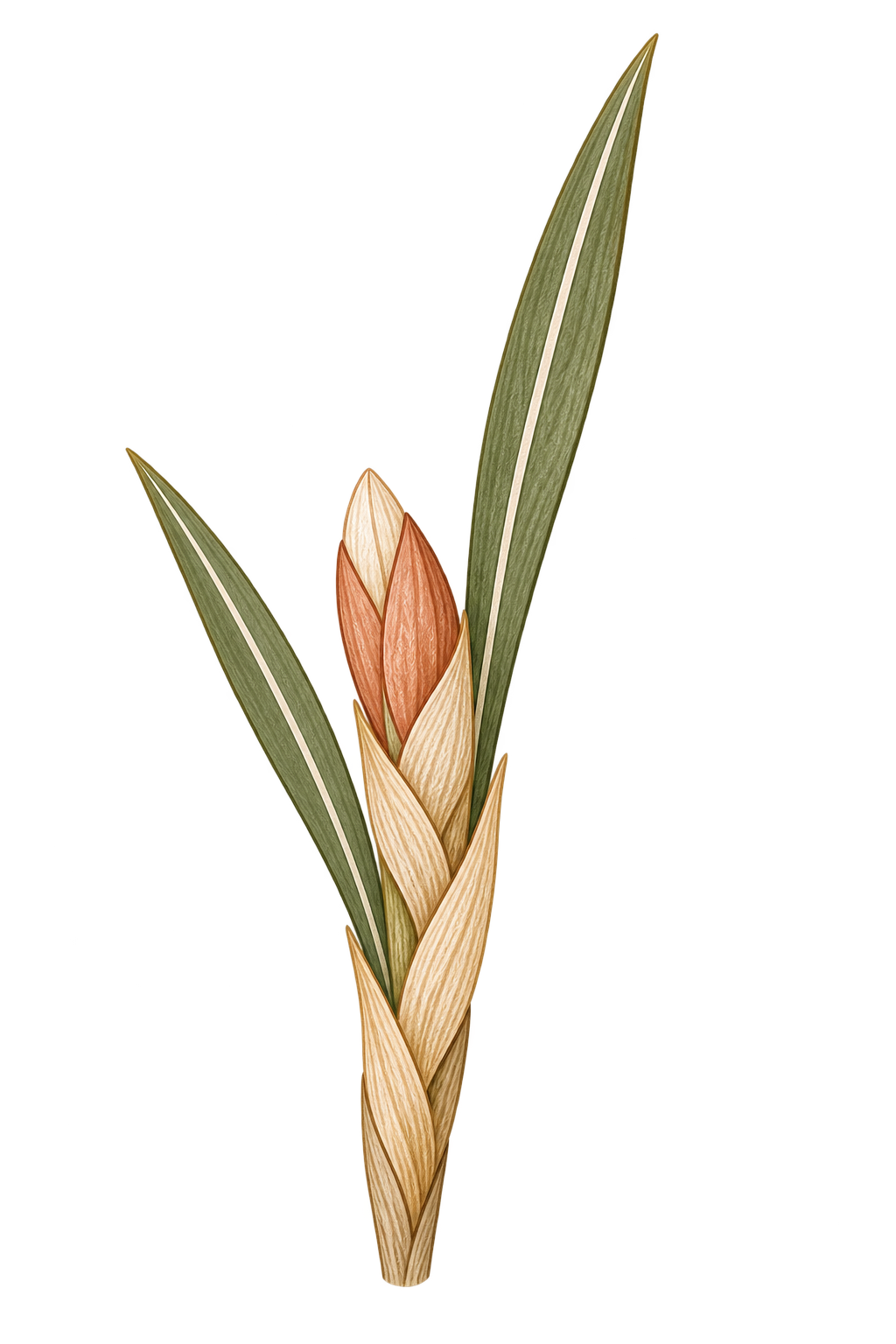 Detailed botanical illustration of a crocus flower with long, green, variegated leaves and a cluster of reddish and cream-colored flower buds emerging from a twisted, papery sheath.