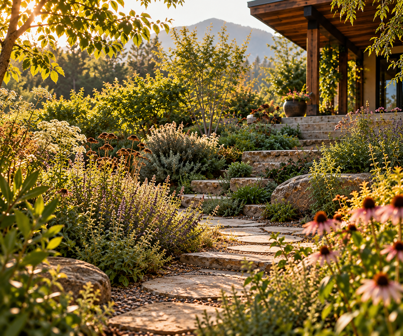 A stone pathway leading up a garden staircase, surrounded by lush, flowering plants and trees, with a wooden house deck visible in the background, illuminated by warm sunlight.