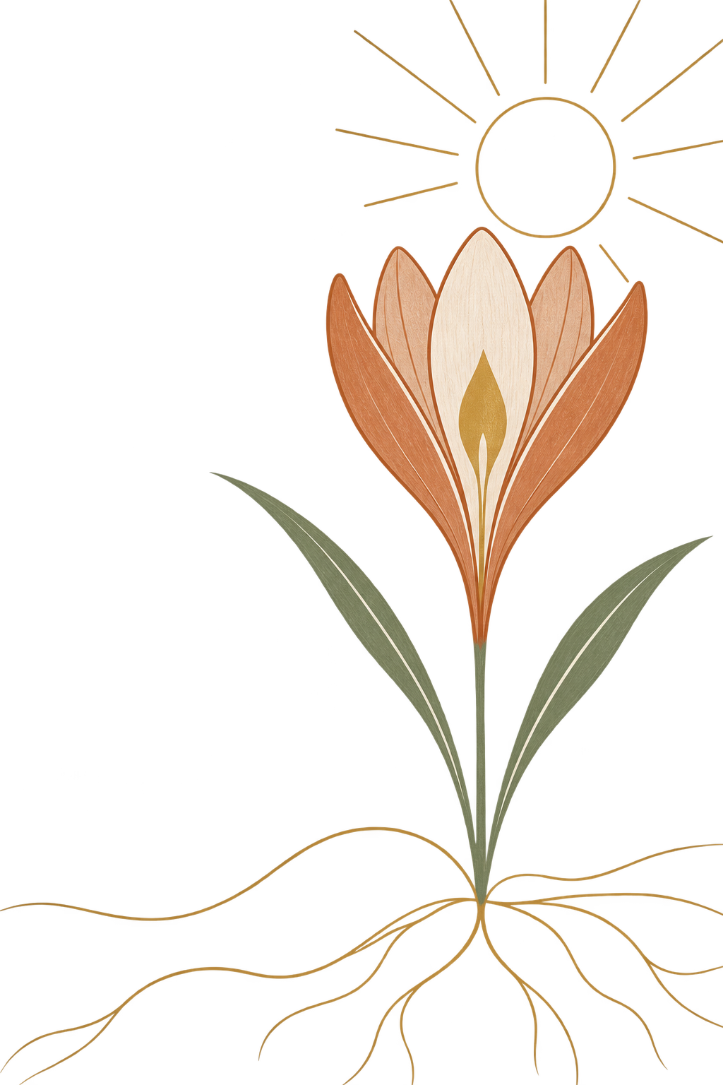 A stylized illustration of a flower with green leaves and an orange petal, underneath a yellow sun with rays shining.