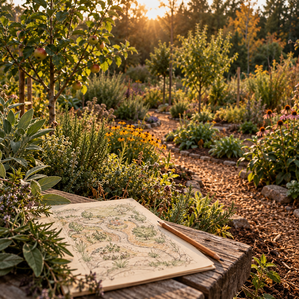 A garden at sunset with various plants, flowers, and trees, and a sketchbook with a garden design drawing on a wooden bench.