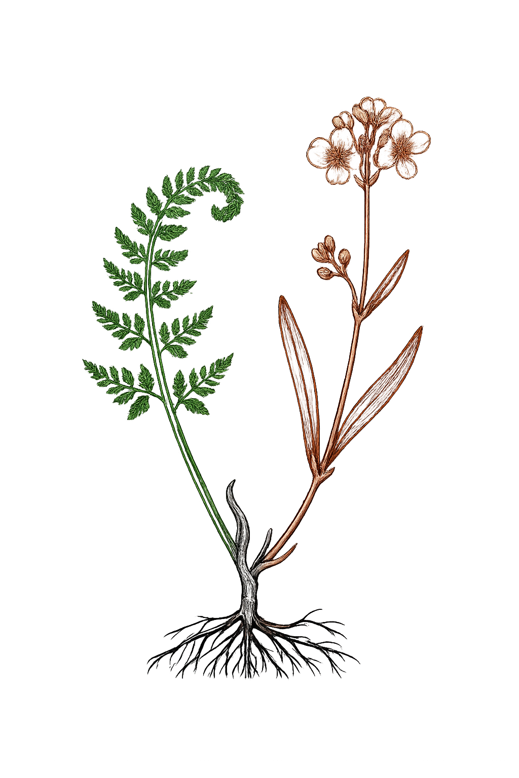 A botanical illustration showing a green fern on the left and a brown flowering plant on the right against a black background.