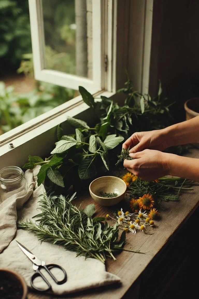Person arranging flowers and herbs on a wooden table next to an open window with greenery outside.