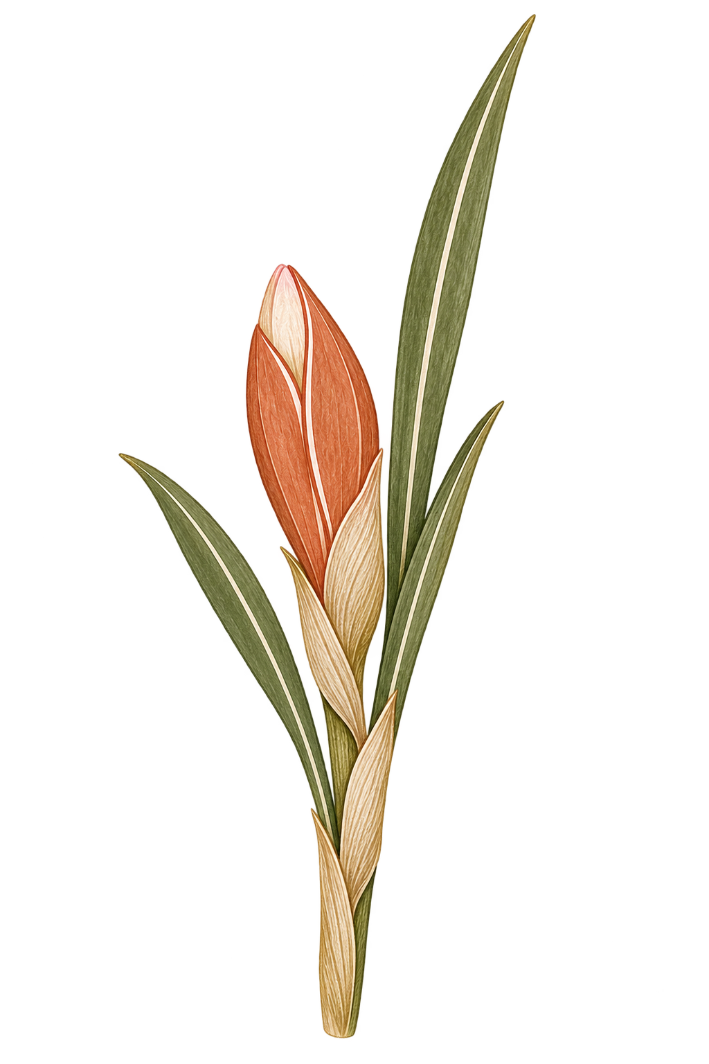 A botanical illustration of a crocus with long green leaves and a single reddish-orange flower bud that is partially closed.