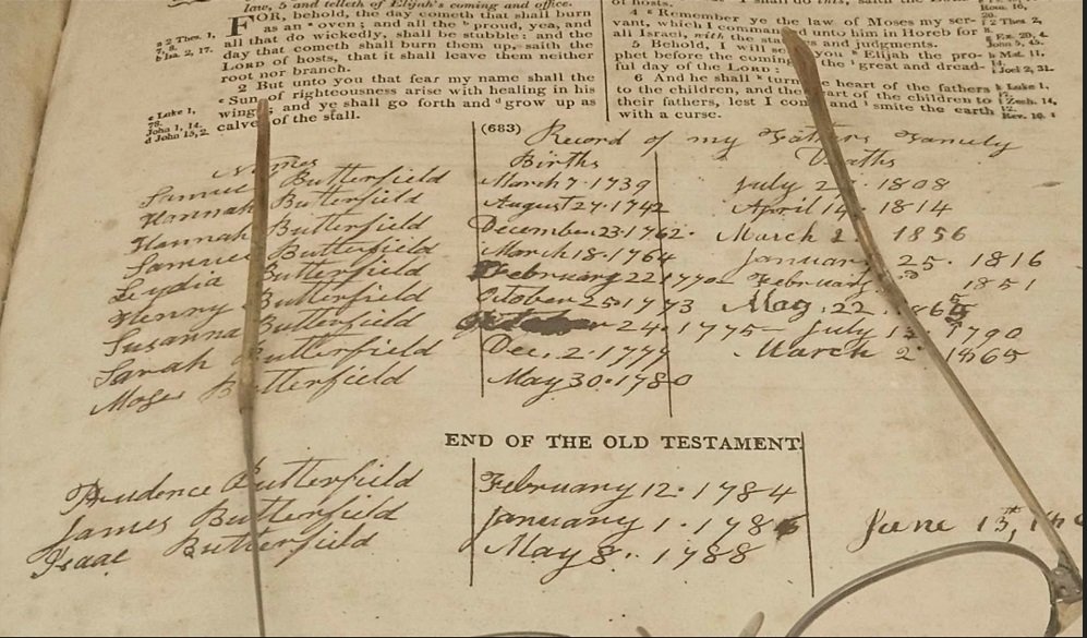 Historic handwritten family record from the Ellsworth and Butterfield genealogy
