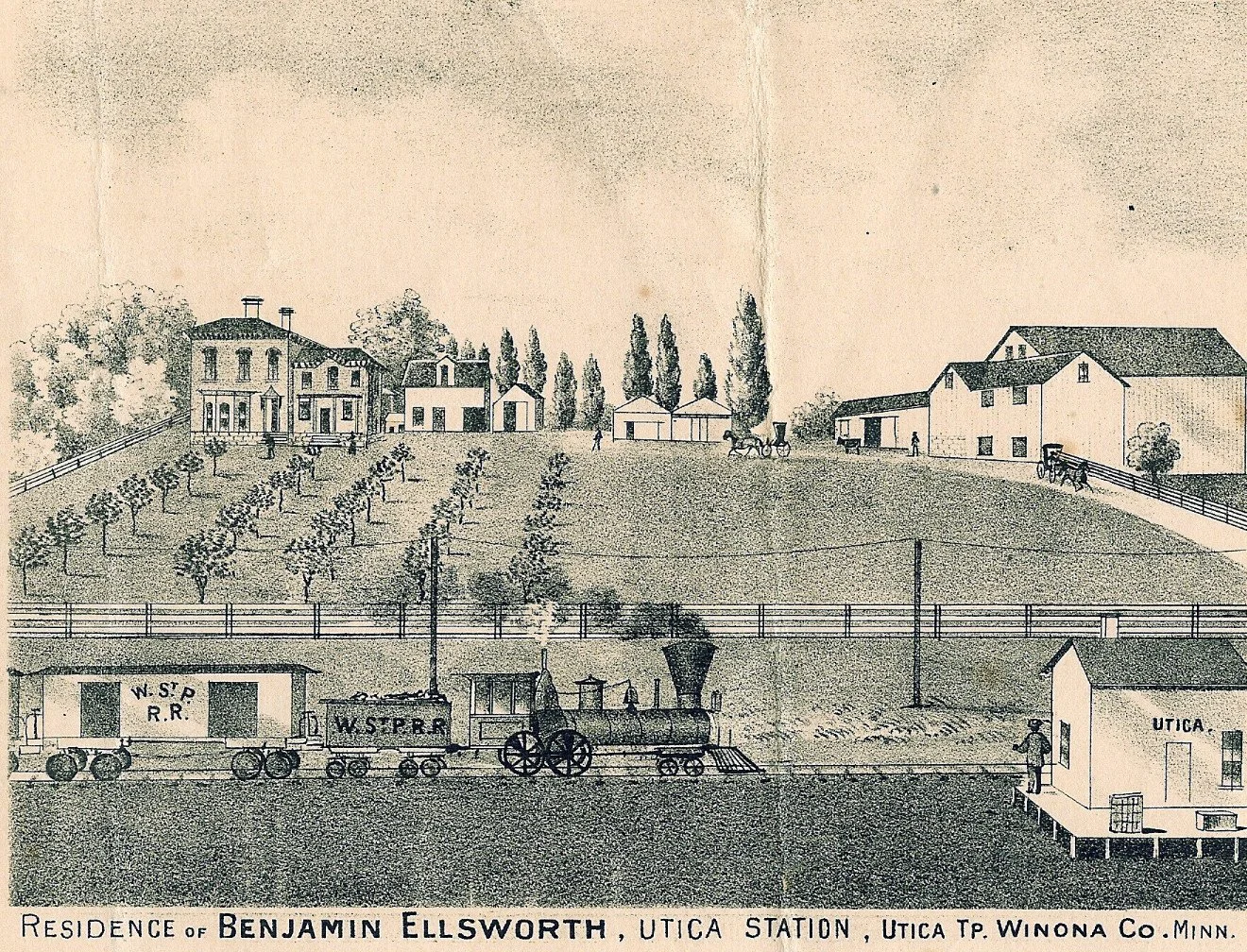 Historic illustration connected to the Ellsworth family and early Utica, Minnesota